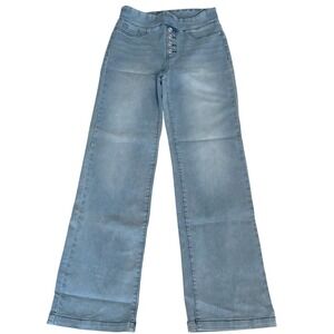 DQ2 Womens Faux Button Fly Wide Leg Pull On Jeans Light Wash Denim Pants Size S